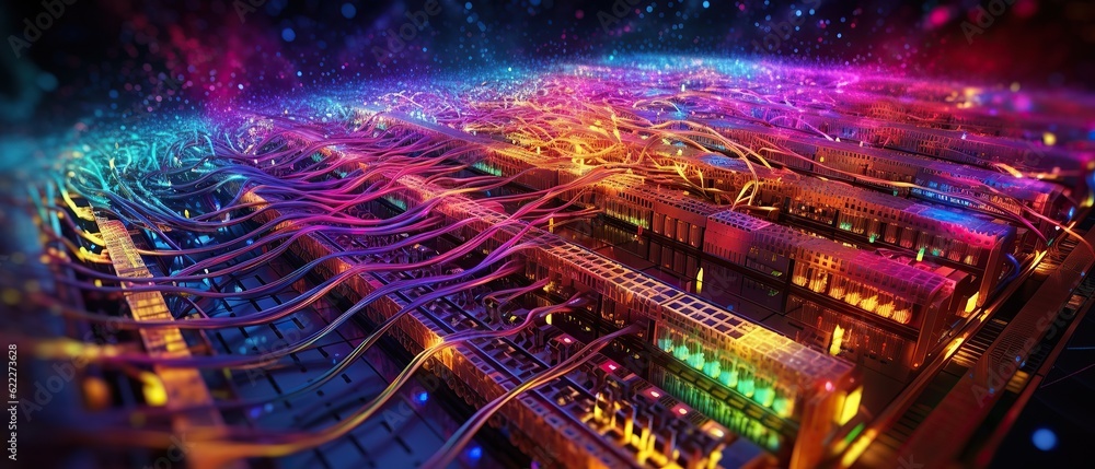 big database servers connection with Fiber optic cable internet, AI generative.