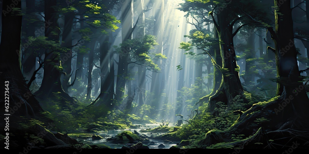 AI Generated. AI Generative. Mist fog magic dark forest. WIth sun ray going through trees. Adventure explore spooky scary mood. Graphic Art AI Generated. AI Generative. Mist fog magic dark forest. WIth sun ray going through trees. Adventure explore spooky scary mood. Graphic Art