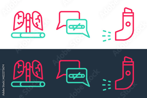 Set line Inhaler, Disease lungs and No smoking icon. Vector