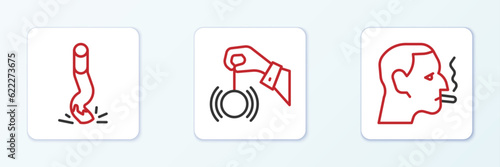 Set line Man smoking a cigarette, Cigarette butt and Hypnosis icon. Vector