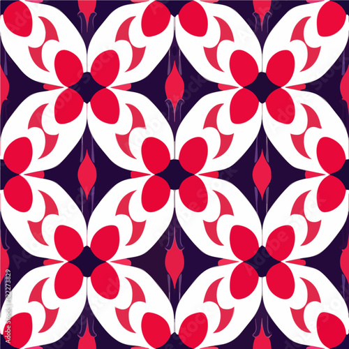Bold and vibrant flower pattern combining red and white tones against a black background reminiscent of peppermint candies and well suited for repeating fabric patterns in an art deco style.