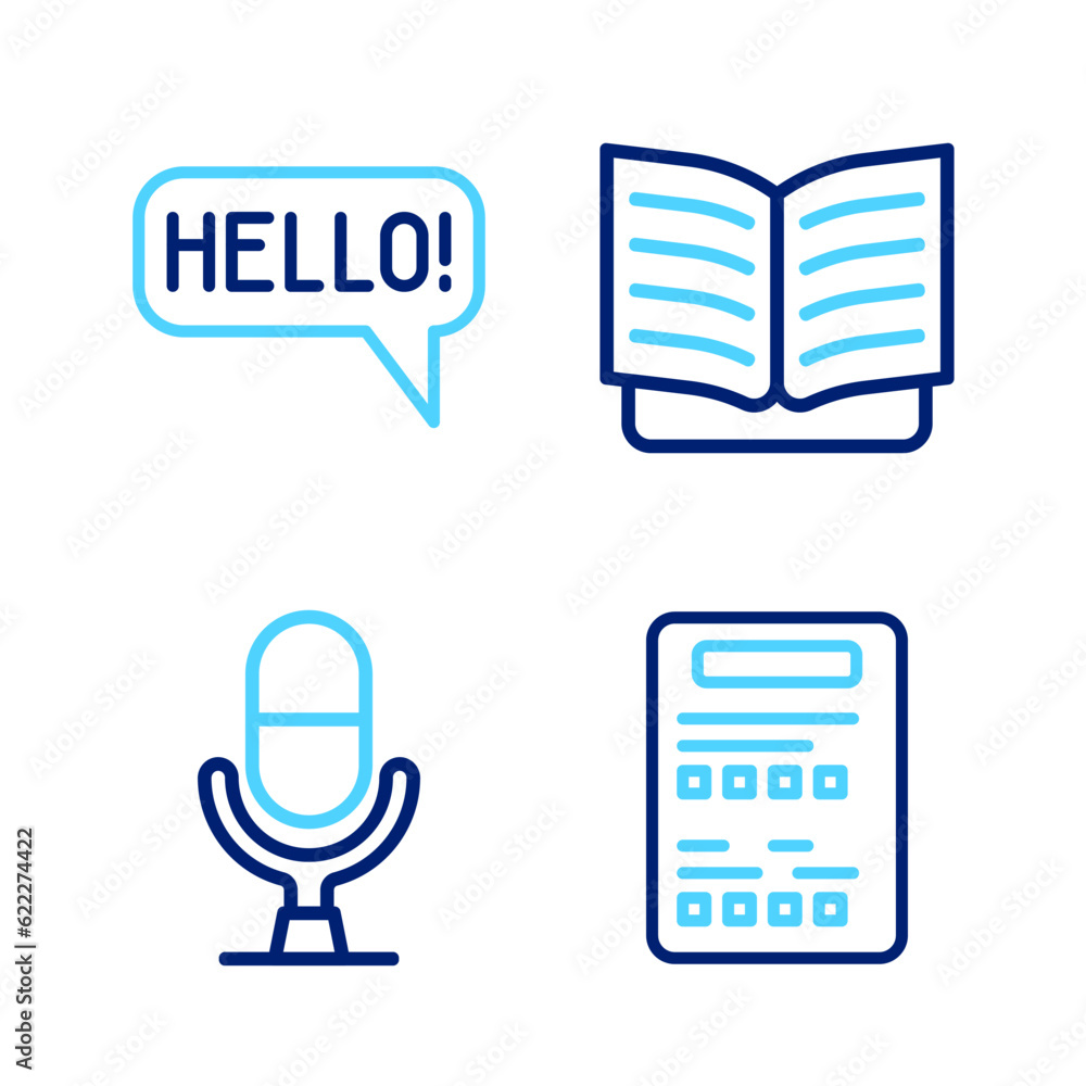 Set line Exam sheet, Microphone voice device, Open book and Hello in different languages icon. Vector Set line Exam sheet, Microphone voice device, Open book and Hello in different languages icon. Vector