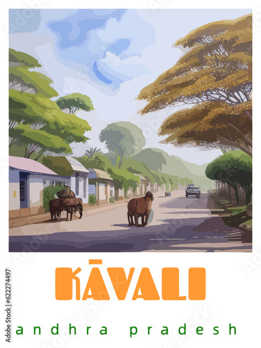 Kāvali: Retro tourism poster with an Indian landscape and the headline Kāvali / Andhra Pradesh