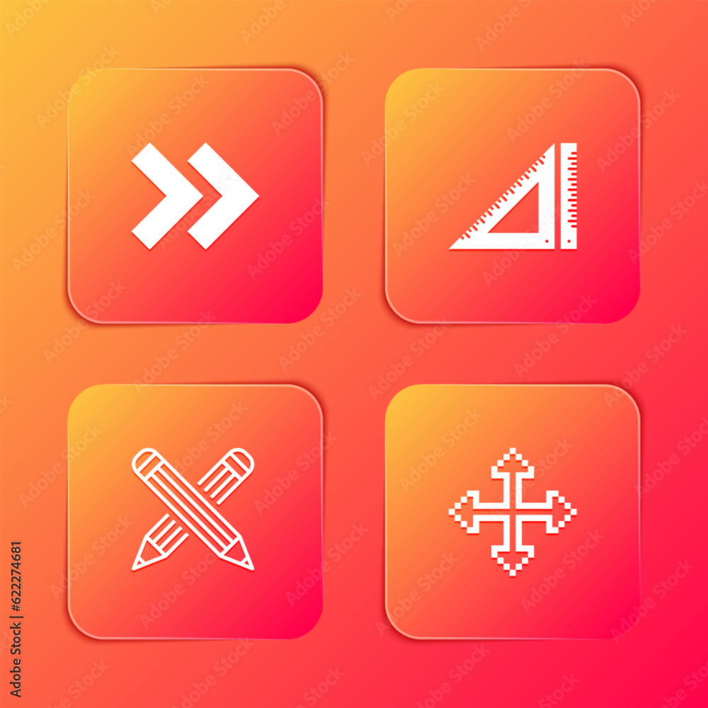 Set Arrow, Triangular ruler, Crossed pencil and Pixel arrows in four directions icon. Vector Set Arrow, Triangular ruler, Crossed pencil and Pixel arrows in four directions icon. Vector