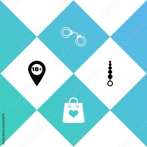Set Location with 18 plus, Shopping bag heart, Sexy fluffy handcuffs and Anal beads icon. Vector