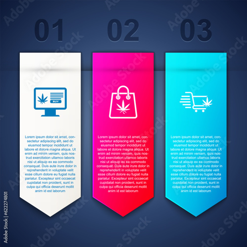 Set Online buying marijuana, Shopping bag of and cart with. Business infographic template. Vector