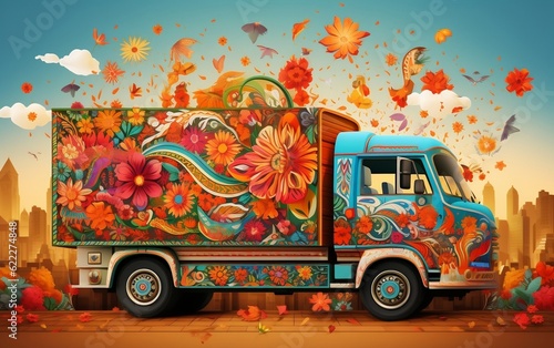 A vibrant truck adorned with colorful flower designs. AI