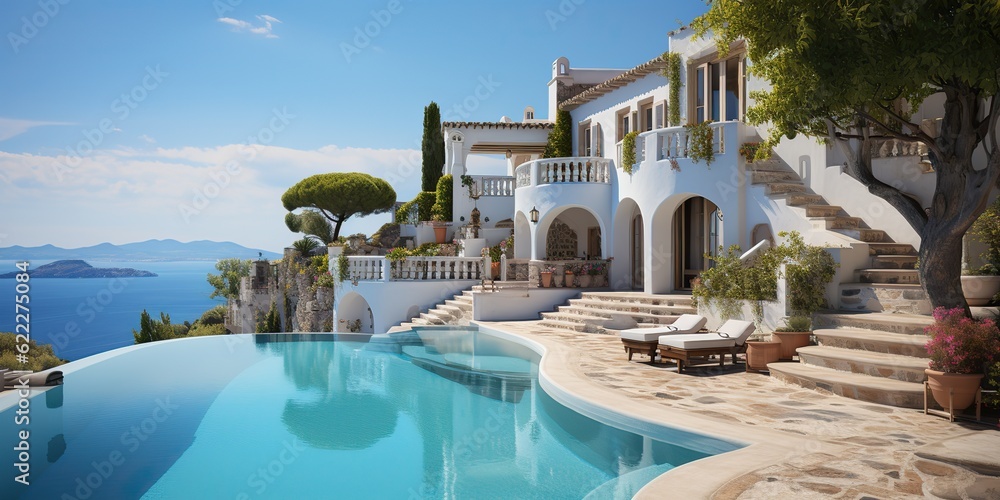AI Generated. AI Generative. Beautiful luxury style whote house hotel mansion with swimming pool. Vacation adventure vibe. Graphic Art