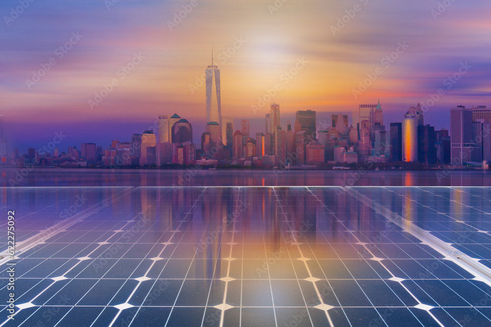Solar panel over cityscapes, solar power green energy for life concept,