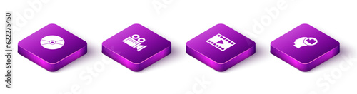 Set Isometric CD or DVD disk, Cinema camera, Play Video and Head with icon. Vector