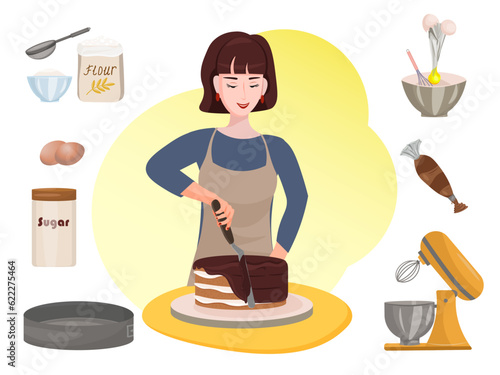 The confectioner bakes a  biscuit cake. A woman is preparing a dessert. Hobby. Bakery, confectionery, pastry shop. Baking tools and ingredients. Vector illustrating
