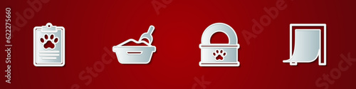 Set Clinical record pet, Cat litter tray with shovel, Canned food and Door for icon. Vector