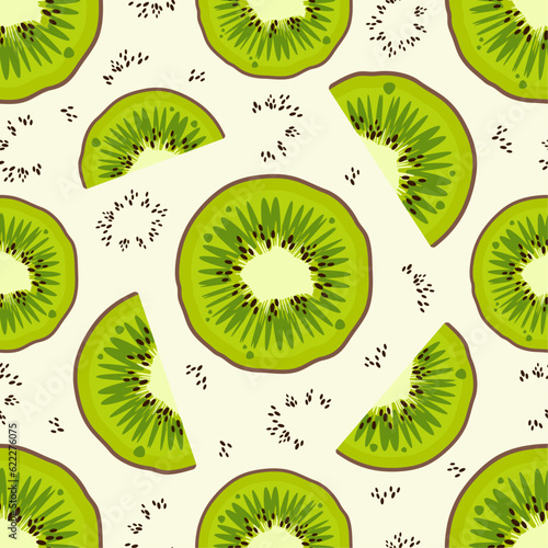 Trendy Fresh fruit seamless pattern. Whole kiwi fruit and kiwi slices with juicy pulp and seeds. Bright exotic background. Vector illustration for wallpapers,textile, web, print, case, wrapping paper