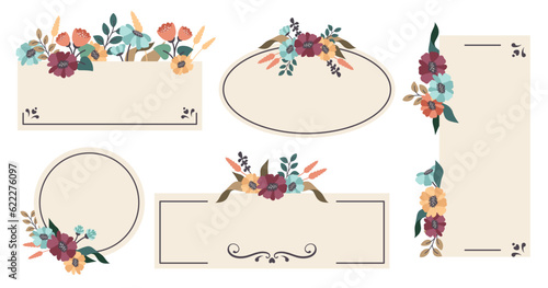 Set of floral vintage frames. Hand draw Templates of frame border with Autumn flowers, blooming wildflowers wreath. Vector flat illustration for invitation, announcements, cards, advertising, sale