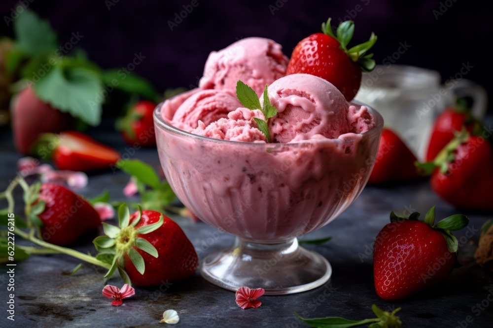 Close up on three strawberry ice cream balls in glass bowl with a black background Close up on three strawberry ice cream balls in glass bowl with a black background