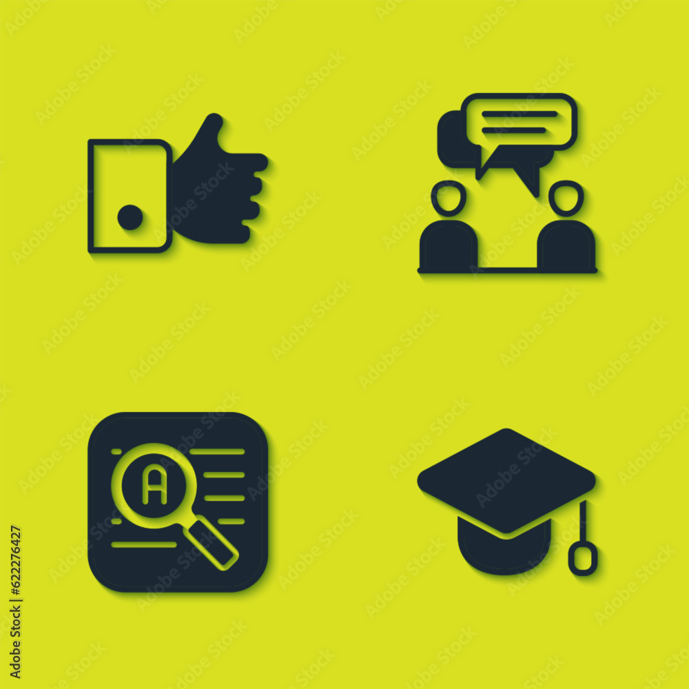 Set Hand like, Graduation cap, Translator and Two sitting men talking icon. Vector Set Hand like, Graduation cap, Translator and Two sitting men talking icon. Vector