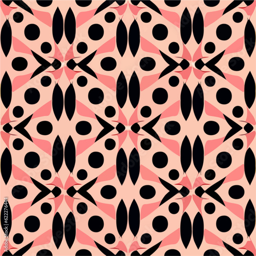 Captivating abstract composition in black and pink hues beautifully contrasts against a soft pink background  forming a seamless fabric pattern with a halftone effect.