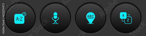 Set Online translator, Microphone voice device, Alphabet and Vocabulary icon. Vector