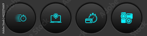 Set Stopwatch, Laptop setting, Fast payments and Video camera icon. Vector