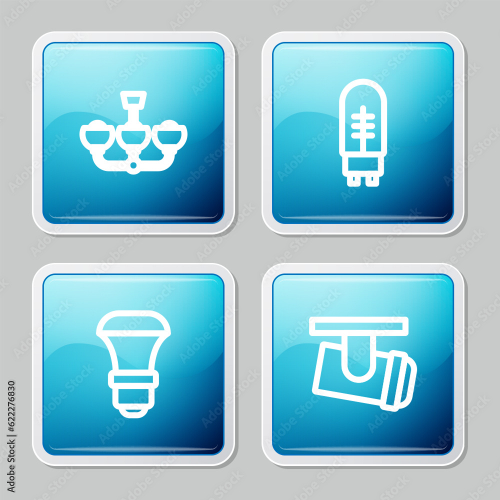 Set line Chandelier, Light emitting diode, LED light bulb and Led track lights lamps icon. Vector Set line Chandelier, Light emitting diode, LED light bulb and Led track lights lamps icon. Vector