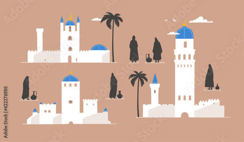 Ancient white fortresses and a mosque. People in loose clothes. Jugs of water. Palm trees and sky. The Eastern Arab atmosphere of the ancient city. Flat style.