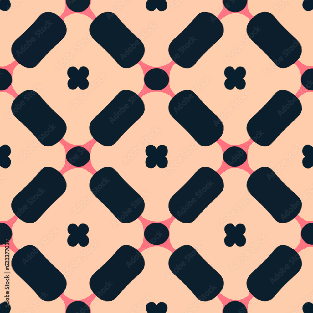 Seamless fabric pattern featuring black and pink circles and dots, creating an eye catching design with a repetitive motif. Seamless fabric pattern featuring black and pink circles and dots, creating an eye catching design with a repetitive motif.