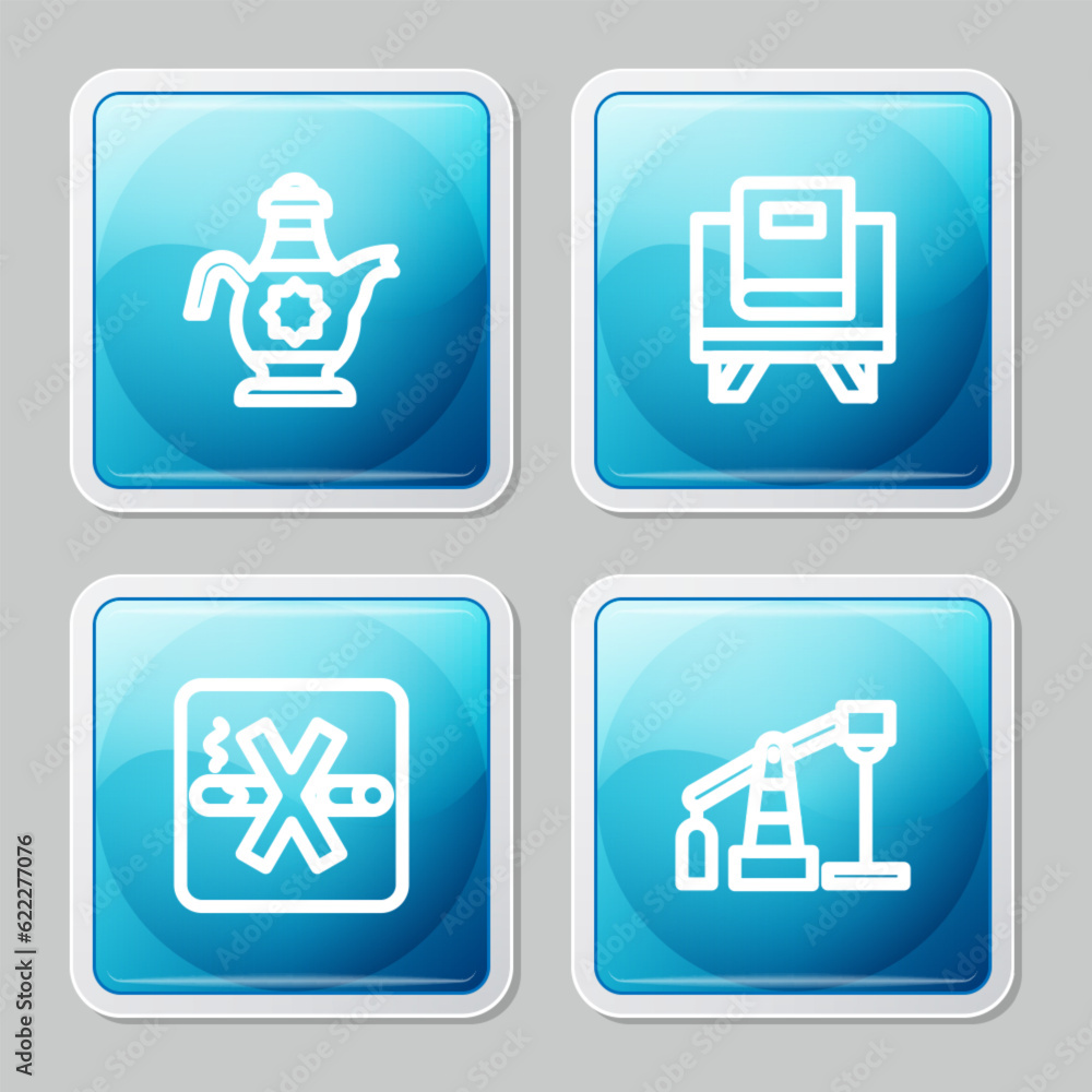 Set line Islamic teapot, Holy book of Koran, No Smoking and Oil pump pump jack icon. Vector Set line Islamic teapot, Holy book of Koran, No Smoking and Oil pump pump jack icon. Vector
