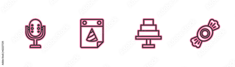 Set line Microphone, Cake, Calendar party and Candy icon. Vector Set line Microphone, Cake, Calendar party and Candy icon. Vector