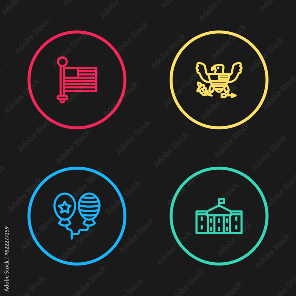 Set line Balloons, United States Capitol Congress, Eagle and American flag icon. Vector
