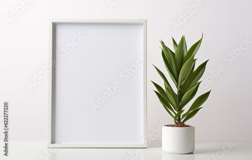 Wallpaper Mural A potted green plant sits beside an empty white photo frame, both isolated on a pristine white background Torontodigital.ca