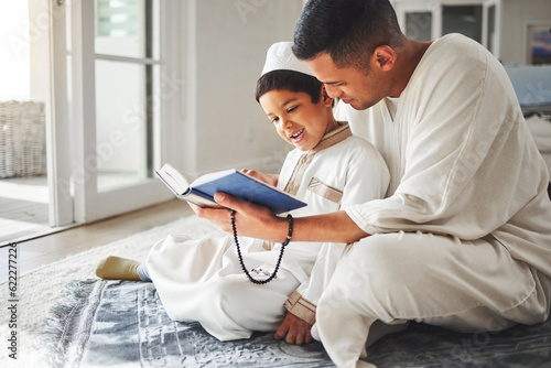 Canvas Print Quran, Muslim and father and happy kid praying to Allah, god or holy spirit for Arabic religion, faith and reading spiritual book