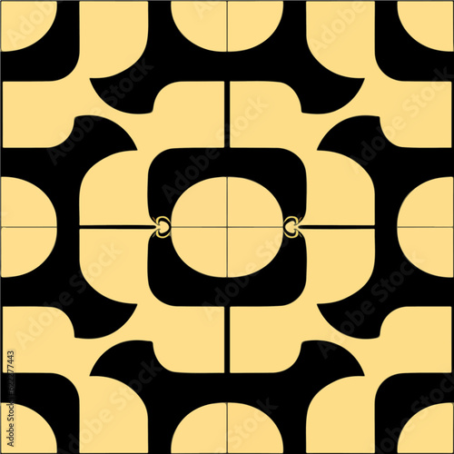 Striking black and yellow pattern with circular motifs reminiscent of art nouveau floor patterns. It also incorporates elements inspired by Nazca design, showcasing an art deco influence.