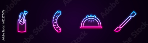 Set line Nail manicure, file, Manicure lamp and Cuticle pusher. Glowing neon icon. Vector