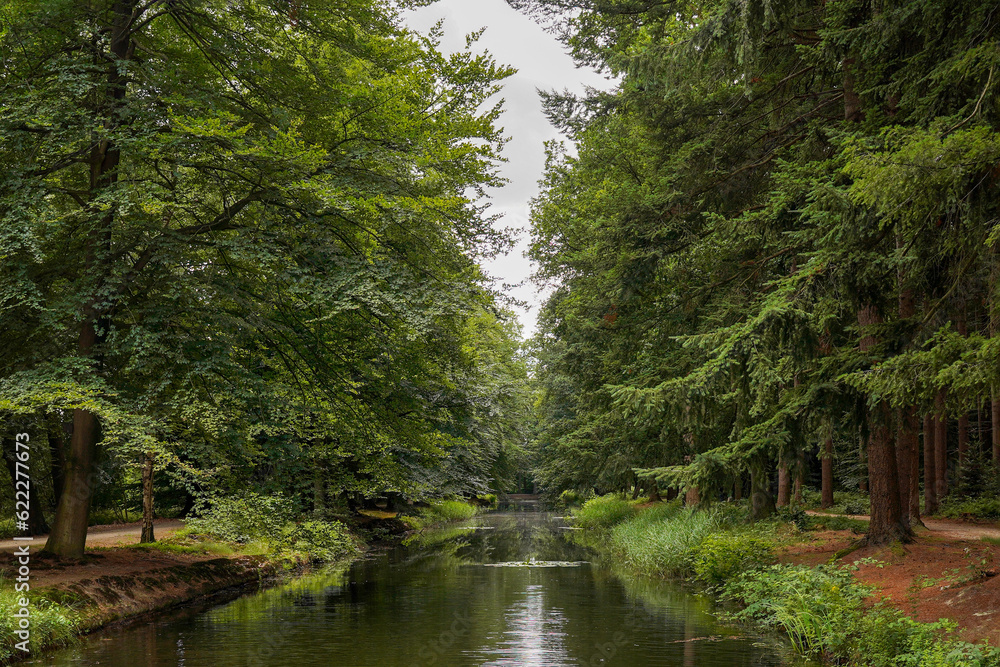 A river stretching into the distance with trees on the sides. A river stretching into the distance with trees on the sides.