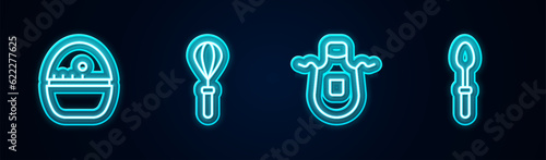 Set line Kitchen timer, whisk, apron and Teaspoon. Glowing neon icon. Vector