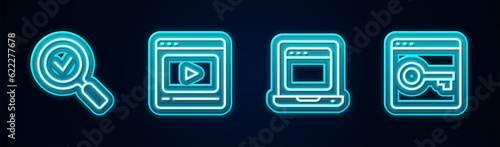 Set line Magnifying glass with check mark, Online play video, Laptop browser window and Secure your site HTTPS, SSL. Glowing neon icon. Vector