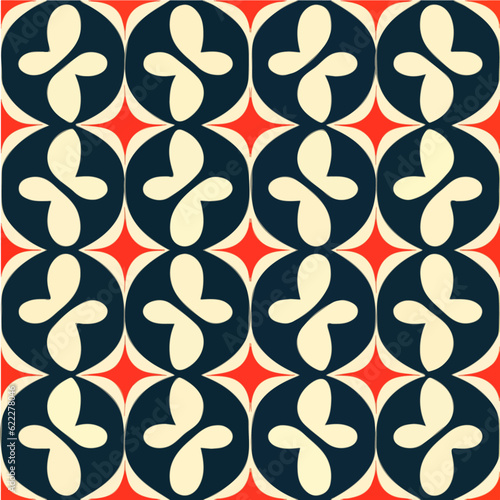 Red background showcases a captivating black and white pattern, reminiscent of aizome. This repeating fabric pattern bears an iconic allure, drawing attention with its contrasting colors.