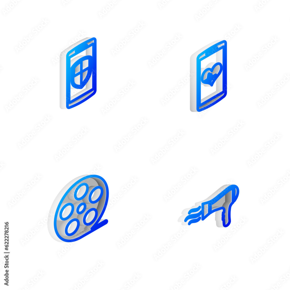 Set Isometric line Smartphone with heart rate, shield, Film reel and Hair dryer icon. Vector Set Isometric line Smartphone with heart rate, shield, Film reel and Hair dryer icon. Vector