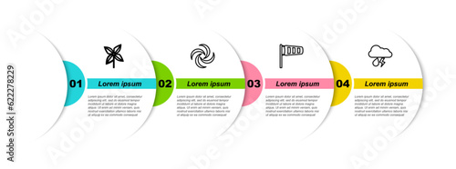 Set line Pinwheel, Tornado, Cone meteorology windsock wind vane and Cloud with rain and lightning. Business infographic template. Vector