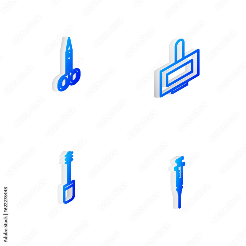 Set Isometric line Nail polish bottle, Scissors, Mascara brush and Syringe icon. Vector Set Isometric line Nail polish bottle, Scissors, Mascara brush and Syringe icon. Vector