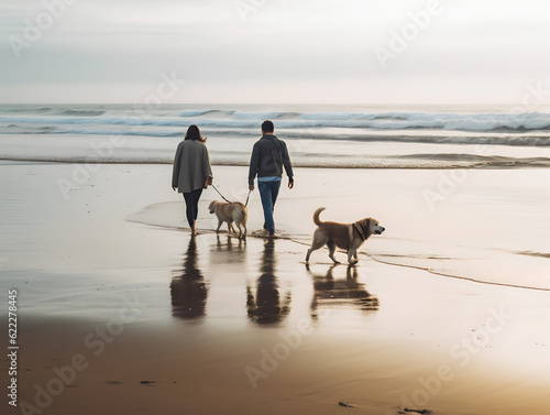 couple with dogs on the beach