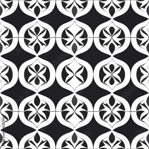 Captivating black and white pattern featuring circular shapes. It resembles intricate tilework or fabric design, showcasing a timeless and repeating damask pattern.