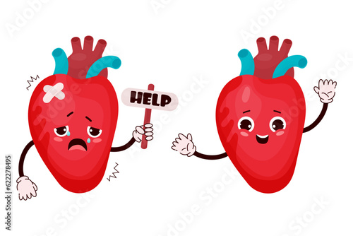Cute cartoon heart with different emotions. Happy human organ character and sad sick crying and asking for help. Vector illustration. Mascot in cartoon style isolated on white background