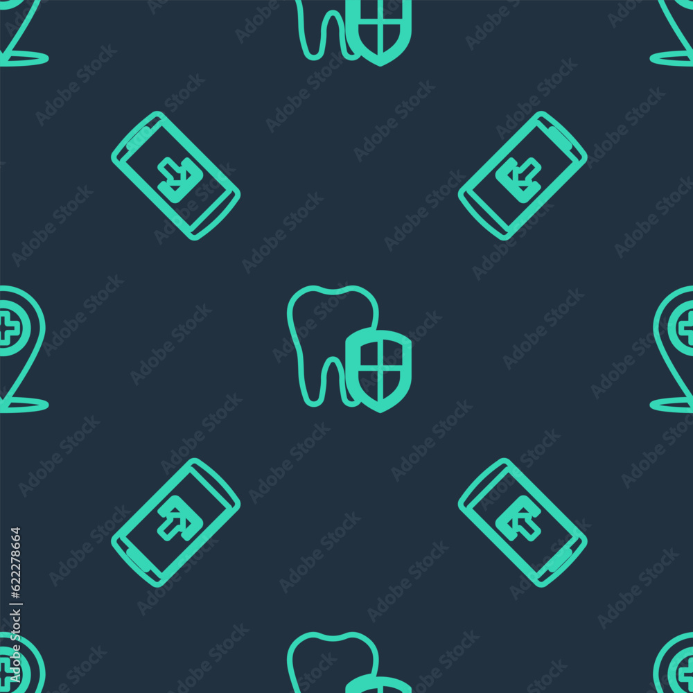 Set line Dental protection, Smartphone with download and Medical location cross on seamless pattern. Vector