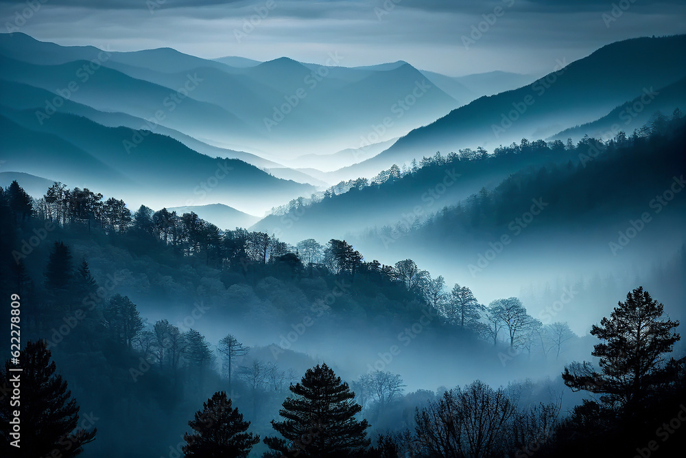 Foggy blue ridge mountains, Great Smoky Mountains National Park panorama, imagined by AI