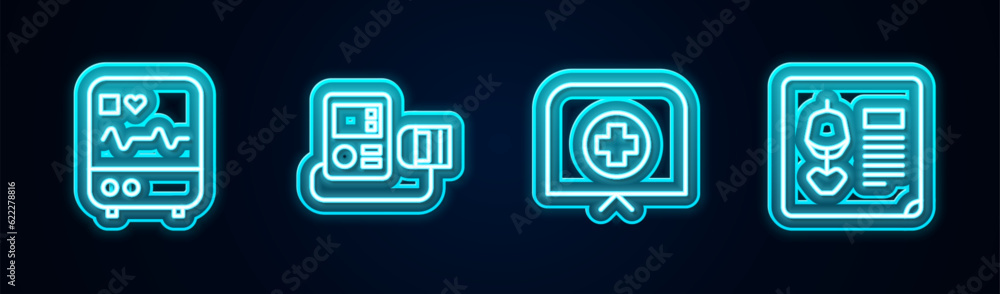 Set line Monitor with cardiogram, Blood pressure, Nurse hat cross and X-ray shots. Glowing neon icon. Vector Set line Monitor with cardiogram, Blood pressure, Nurse hat cross and X-ray shots. Glowing neon icon. Vector