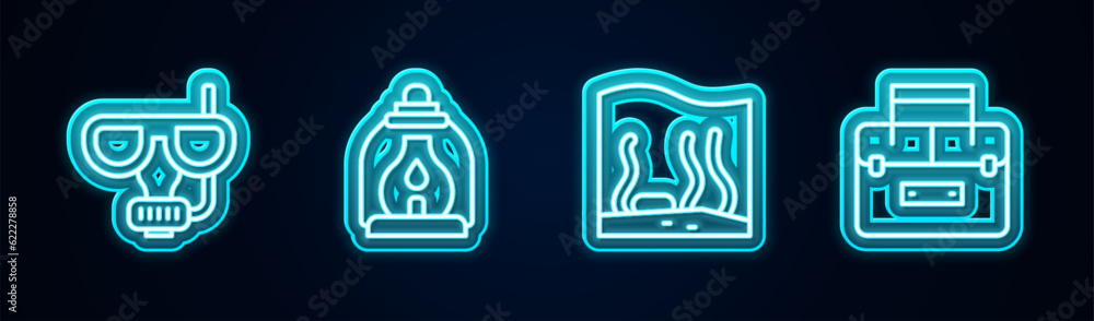 Set line Diving mask and snorkel, Camping lantern, Aquarium and Case container for wobbler. Glowing neon icon. Vector