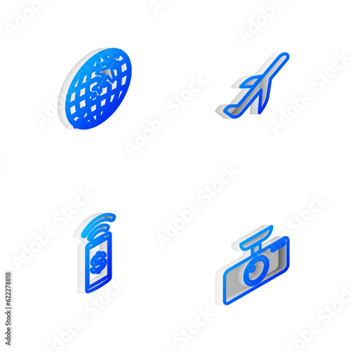 Set Isometric line Plane, Globe with flying plane, Contactless payment and Car DVR icon. Vector