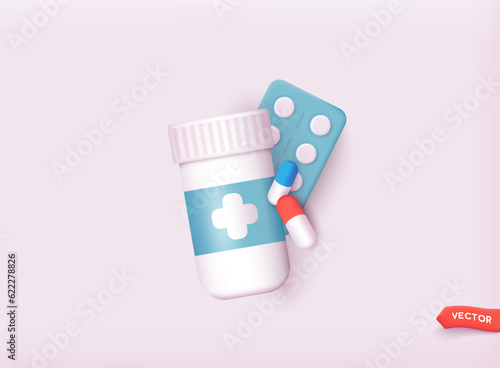 Pharmacy drug health tablet pharmaceutical. White medicine pills and tablets.  3D Web Vector Illustration.