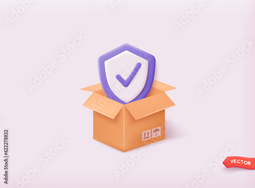Cardboard opened box isolated on light background with check mark tick in the shield sign icon. 3D Web Vector Illustrations.